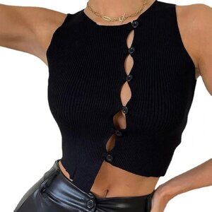 Luxe To Kill Ribbed Asymmetrical Top Black Buttons Goth Punk Tank Sleeveless